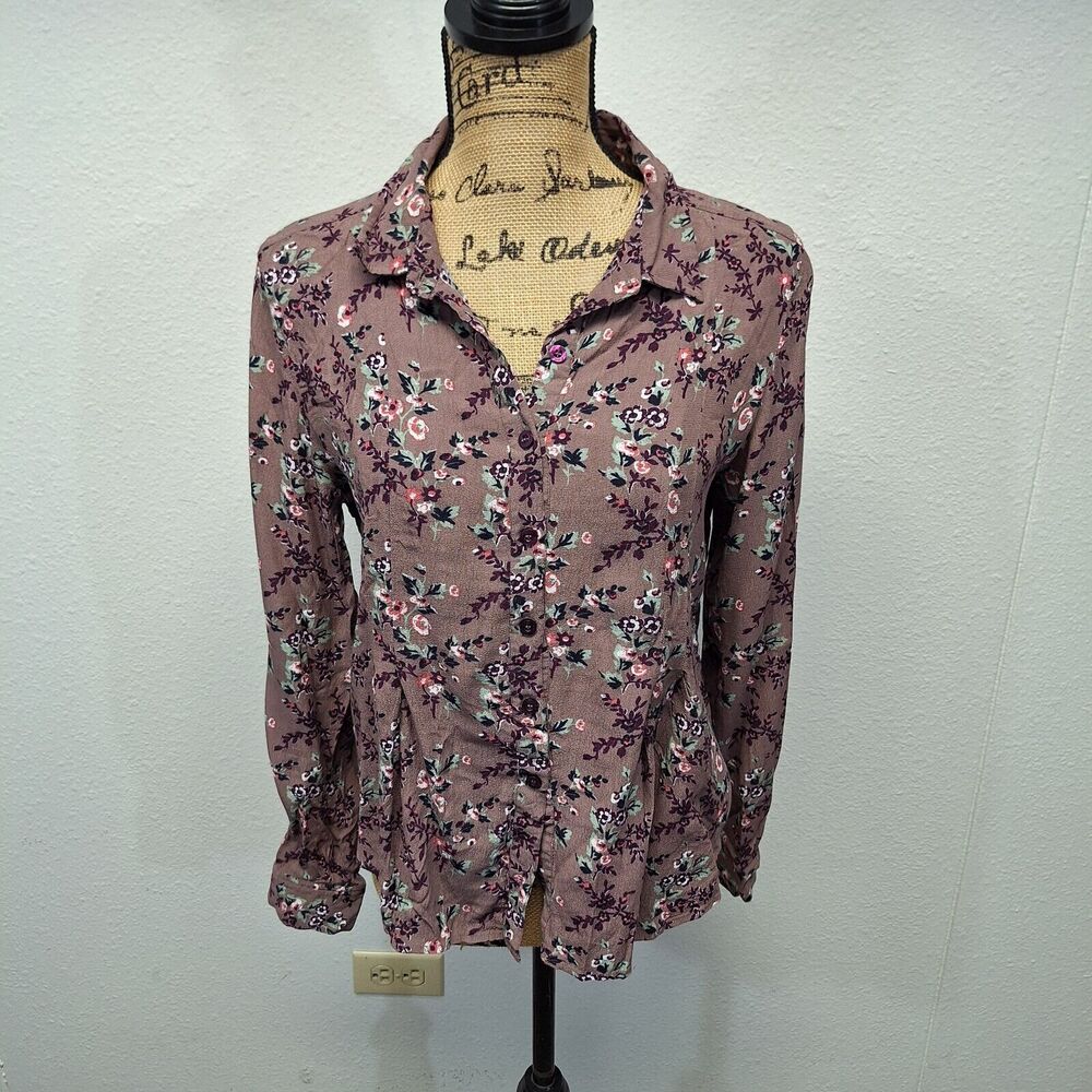 Cruel Button Up Shirt Blouse Lightweight Long Sleeve Purple Multi Floral Size M